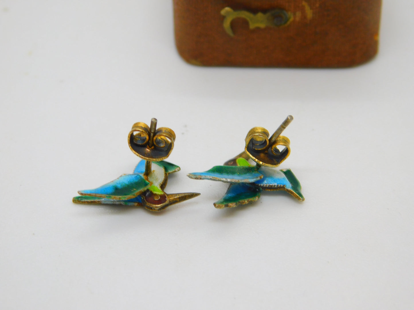 Sterling Silver Colourful Enamel Hummingbird Stud Earrings Antique c1930 Deco