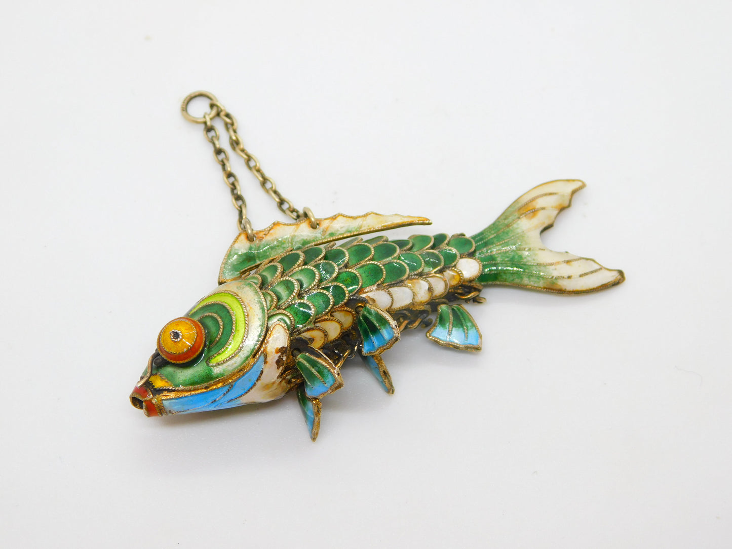 Large Chinese Export Sterling Silver Gilt Enamel Articulated Koi Fish Pendant Antique Art Deco