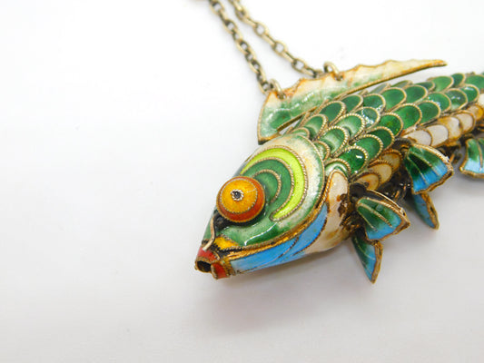 Large Chinese Export Sterling Silver Gilt Enamel Articulated Koi Fish Pendant Antique Art Deco