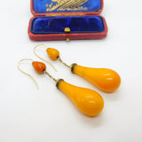 Victorian 14ct Gold, Black Enamel & Large Egg Yolk Amber Drop Earrings c1850