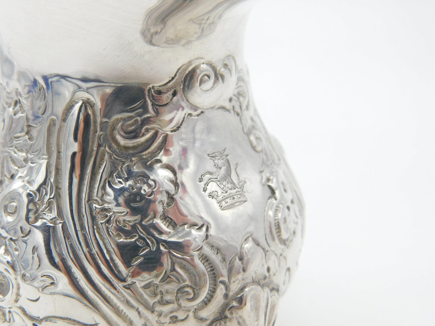 Georgian Sterling Silver Floral Repousse Crested Cream Jug Antique 1813 London