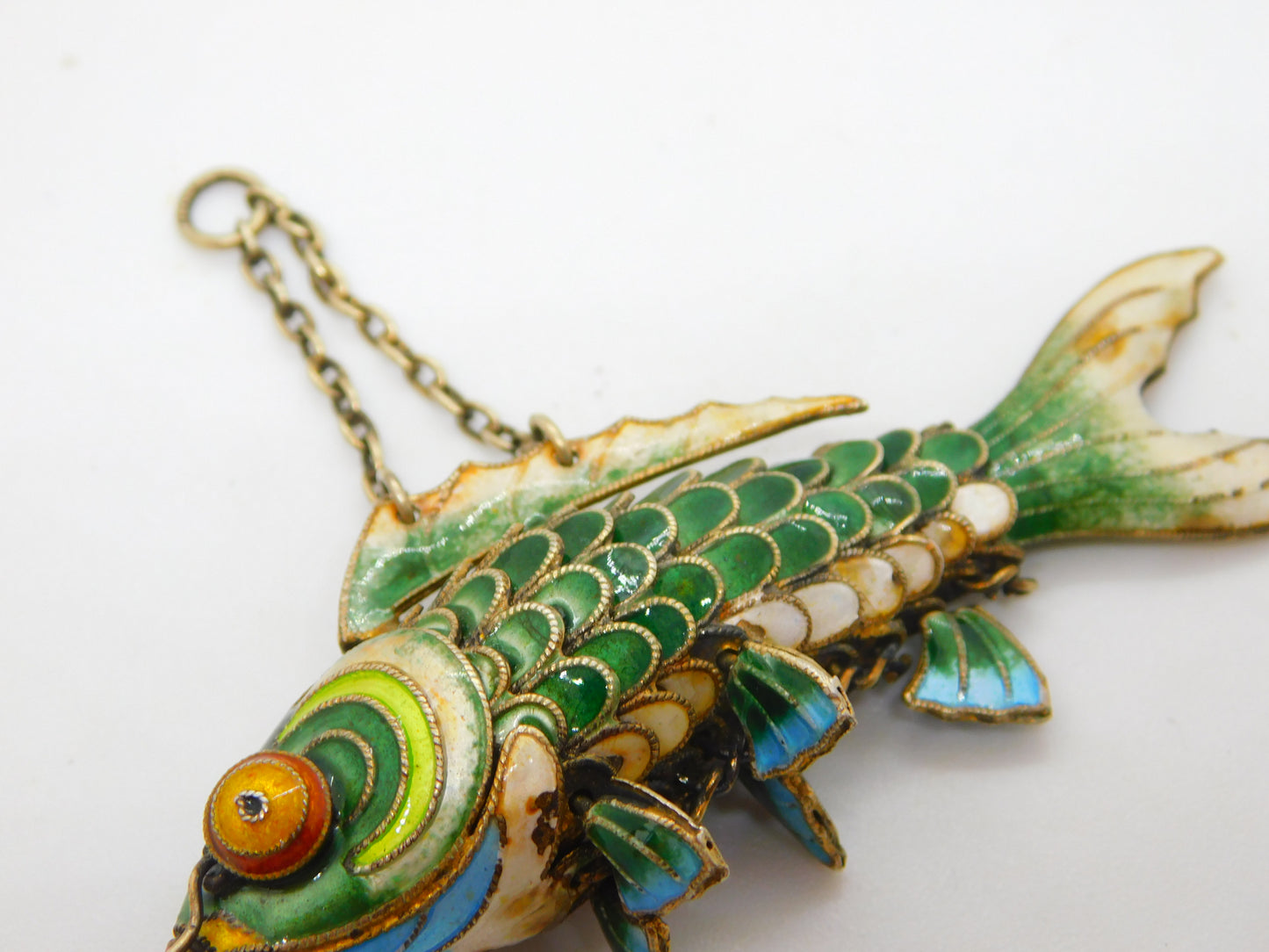 Large Chinese Export Sterling Silver Gilt Enamel Articulated Koi Fish Pendant Antique Art Deco