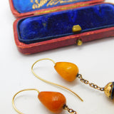 Victorian 14ct Gold, Black Enamel & Large Egg Yolk Amber Drop Earrings c1850