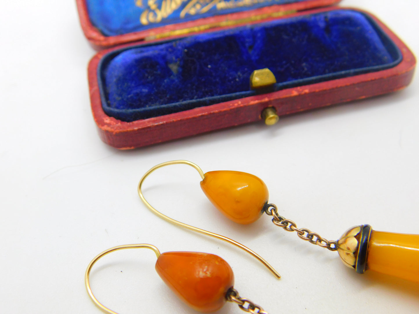 Victorian 14ct Gold, Black Enamel & Large Egg Yolk Amber Drop Earrings c1850