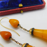 Victorian 14ct Gold, Black Enamel & Large Egg Yolk Amber Drop Earrings c1850
