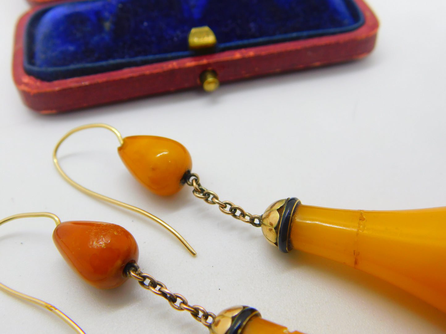 Victorian 14ct Gold, Black Enamel & Large Egg Yolk Amber Drop Earrings c1850