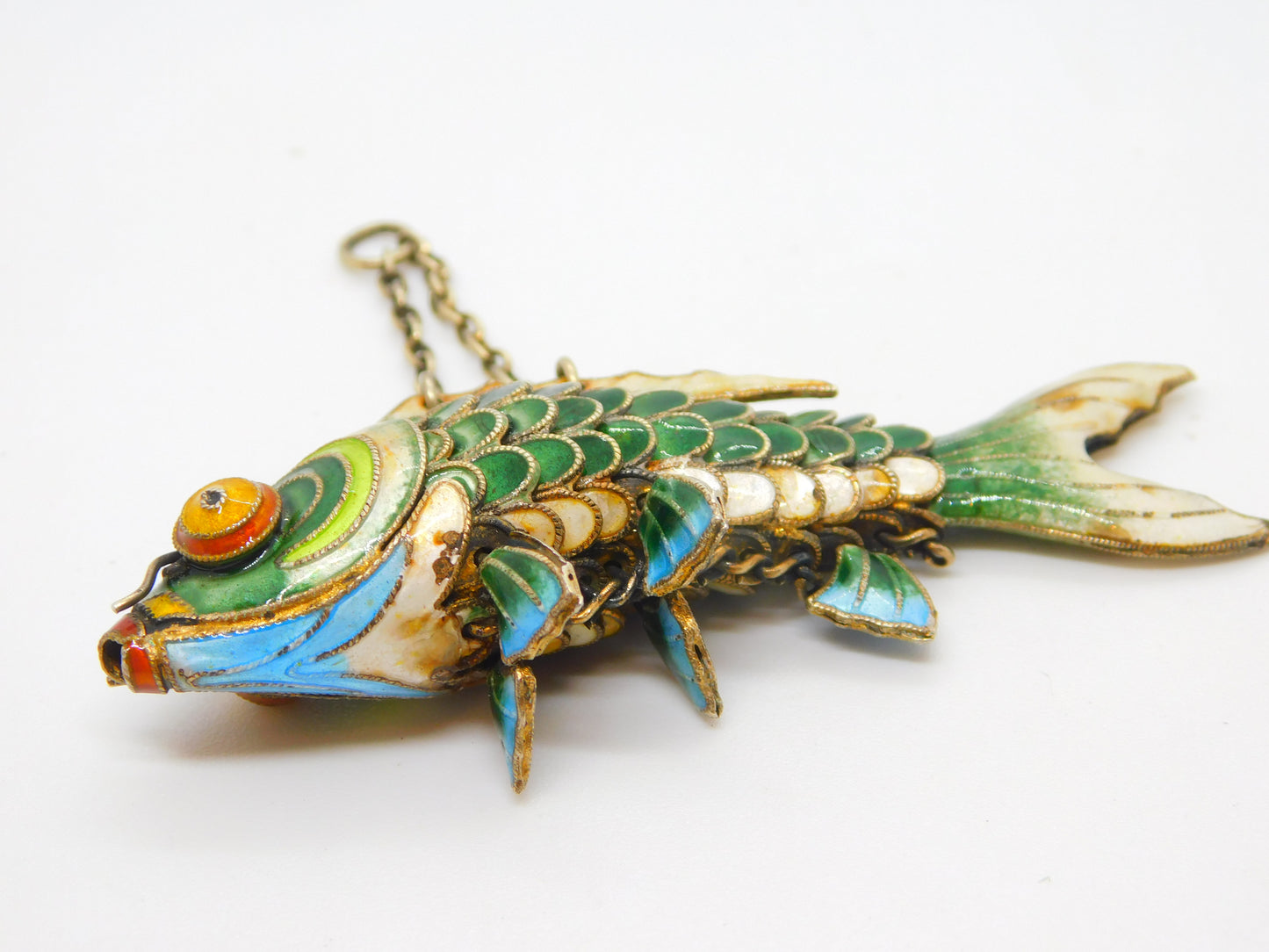 Large Chinese Export Sterling Silver Gilt Enamel Articulated Koi Fish Pendant Antique Art Deco