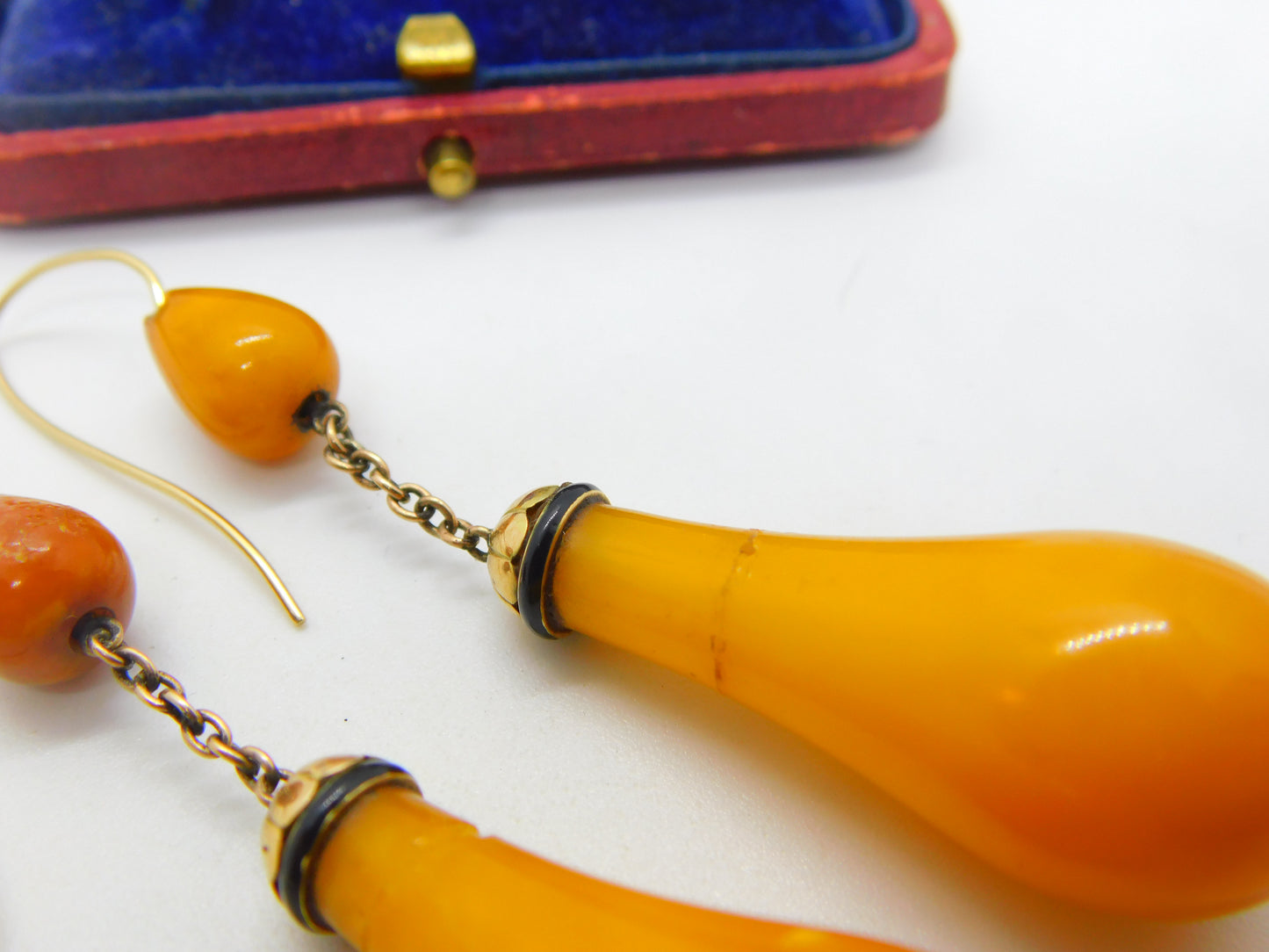 Victorian 14ct Gold, Black Enamel & Large Egg Yolk Amber Drop Earrings c1850