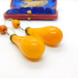 Victorian 14ct Gold, Black Enamel & Large Egg Yolk Amber Drop Earrings c1850