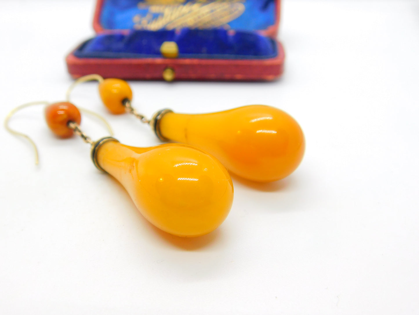 Victorian 14ct Gold, Black Enamel & Large Egg Yolk Amber Drop Earrings c1850