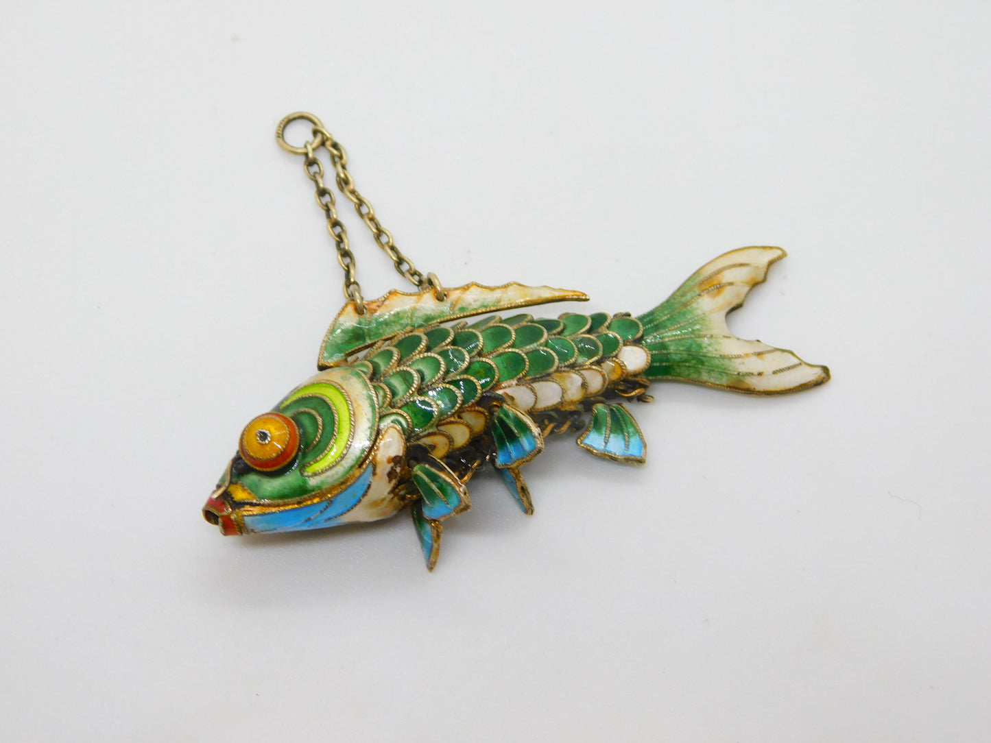 Large Chinese Export Sterling Silver Gilt Enamel Articulated Koi Fish Pendant Antique Art Deco