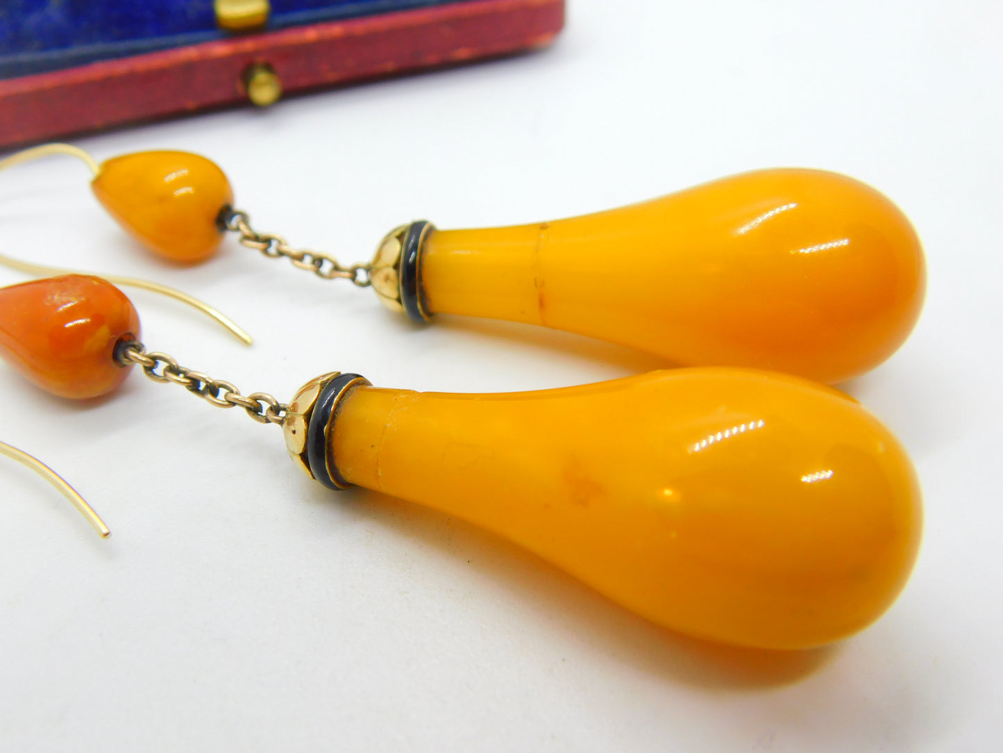 Victorian 14ct Gold, Black Enamel & Large Egg Yolk Amber Drop Earrings c1850