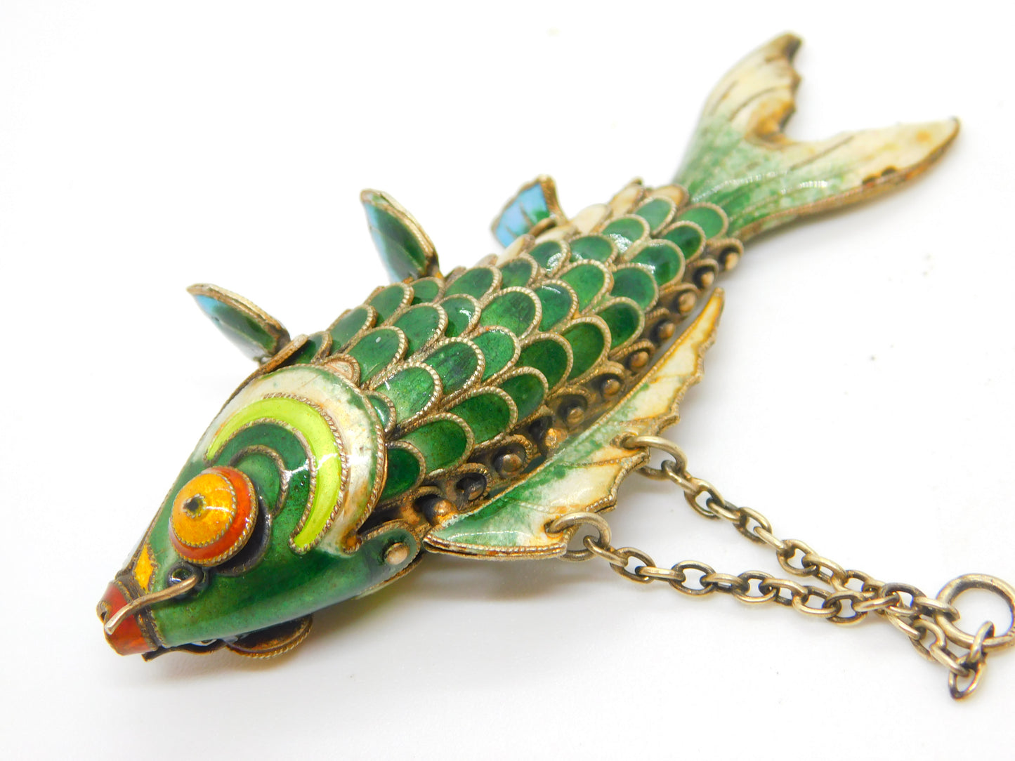 Large Chinese Export Sterling Silver Gilt Enamel Articulated Koi Fish Pendant Antique Art Deco