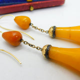 Victorian 14ct Gold, Black Enamel & Large Egg Yolk Amber Drop Earrings c1850