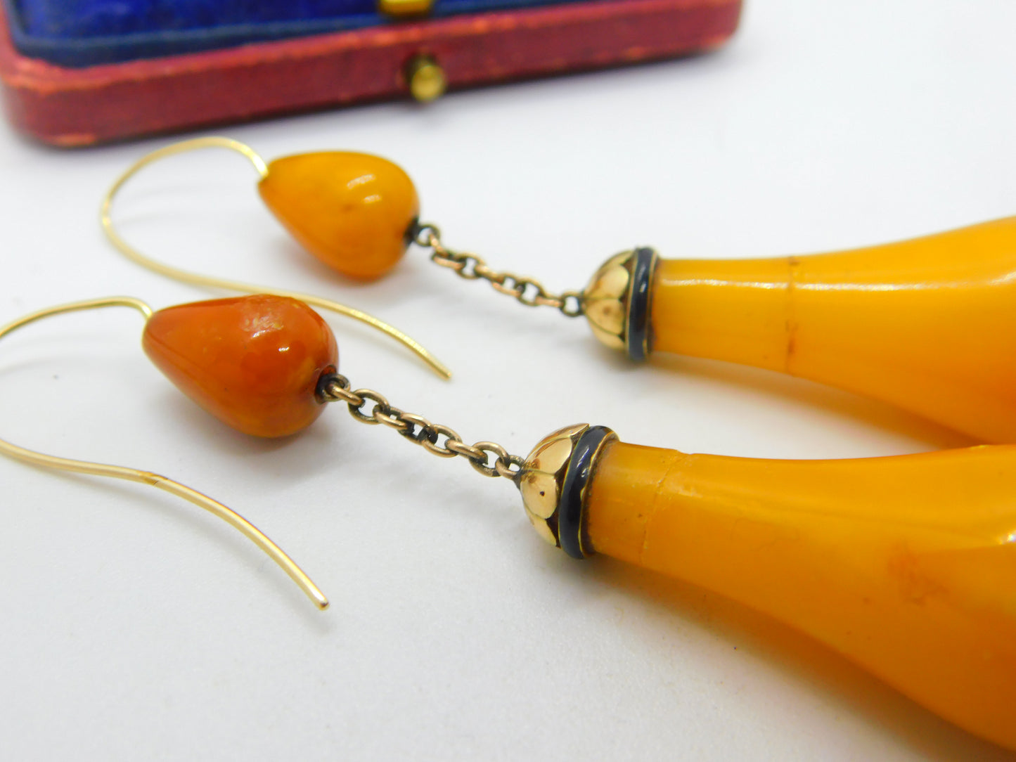 Victorian 14ct Gold, Black Enamel & Large Egg Yolk Amber Drop Earrings c1850