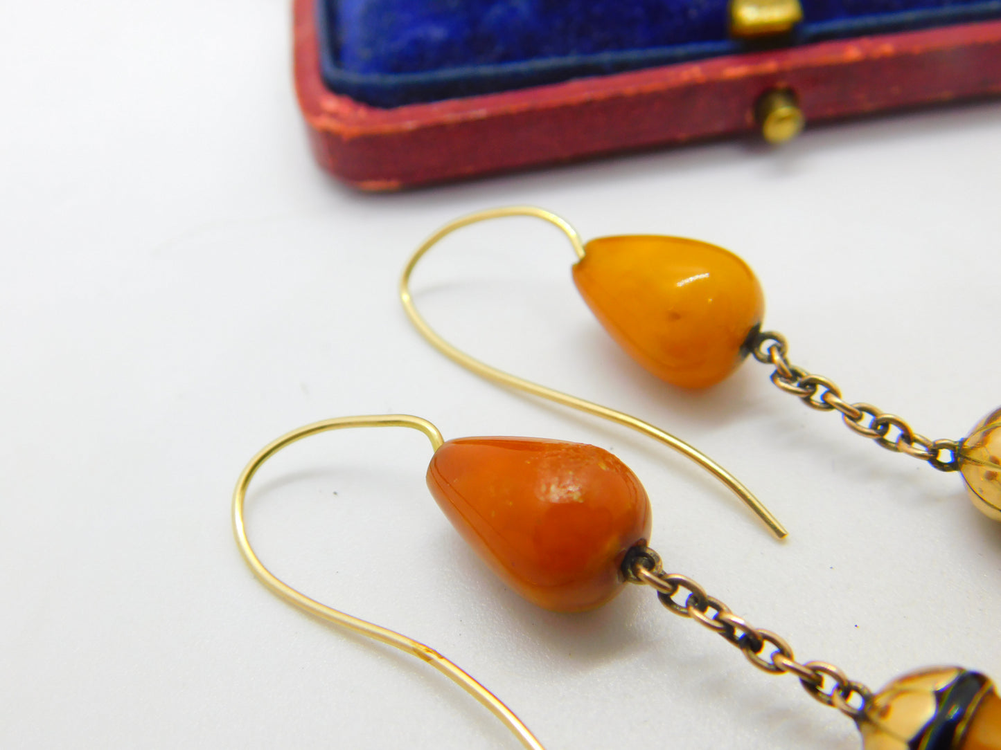 Victorian 14ct Gold, Black Enamel & Large Egg Yolk Amber Drop Earrings c1850