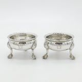 Pair of Georgian Sterling Silver Paw Foot Crested Salt Cellars 1763 London