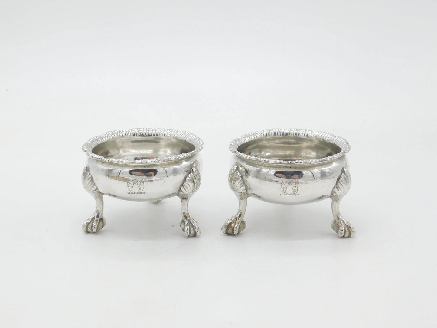 Pair of Georgian Sterling Silver Paw Foot Crested Salt Cellars 1763 London