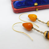 Victorian 14ct Gold, Black Enamel & Large Egg Yolk Amber Drop Earrings c1850