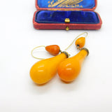 Victorian 14ct Gold, Black Enamel & Large Egg Yolk Amber Drop Earrings c1850