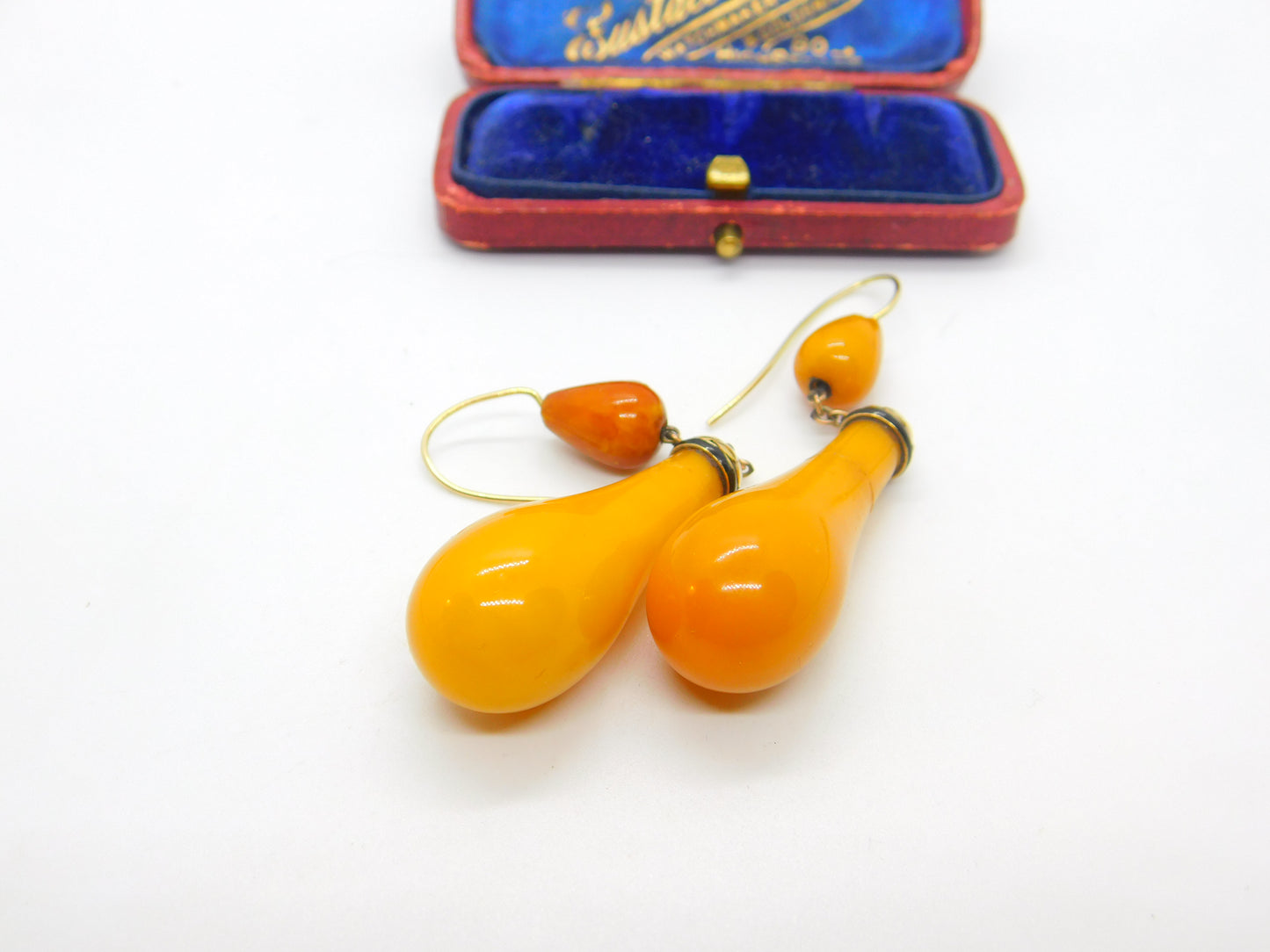 Victorian 14ct Gold, Black Enamel & Large Egg Yolk Amber Drop Earrings c1850