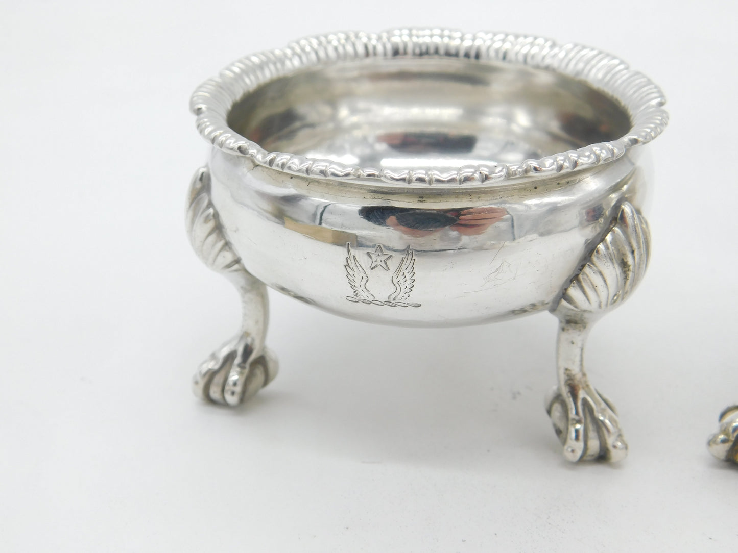 Pair of Georgian Sterling Silver Paw Foot Crested Salt Cellars 1763 London