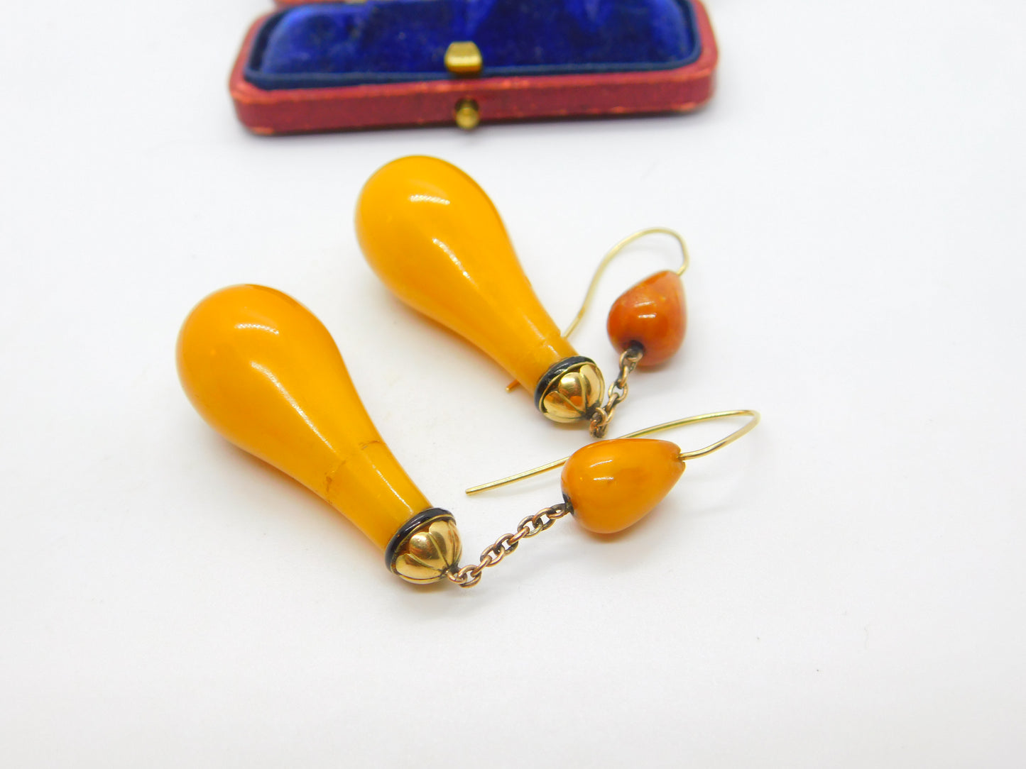 Victorian 14ct Gold, Black Enamel & Large Egg Yolk Amber Drop Earrings c1850