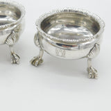 Pair of Georgian Sterling Silver Paw Foot Crested Salt Cellars 1763 London