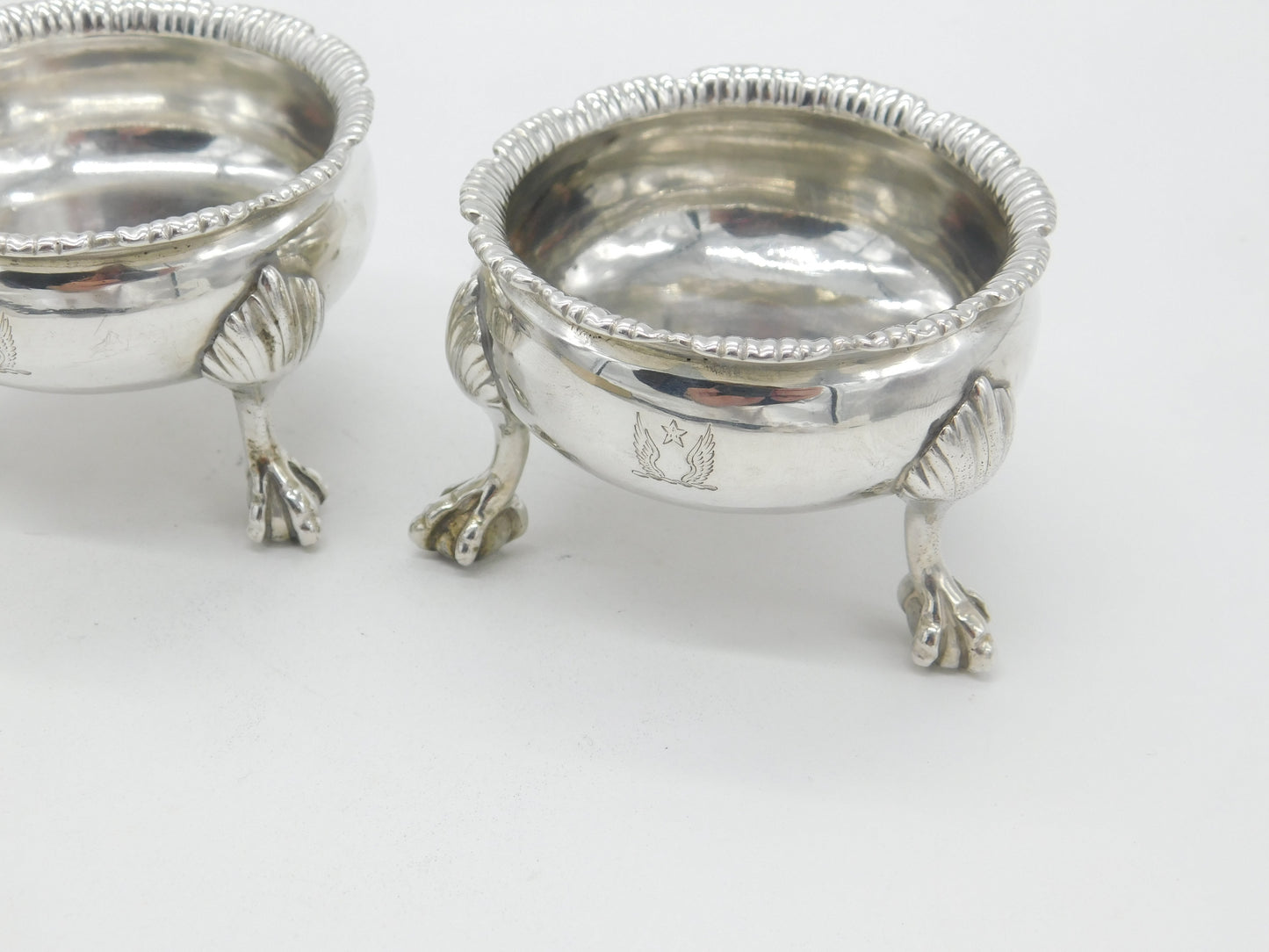 Pair of Georgian Sterling Silver Paw Foot Crested Salt Cellars 1763 London