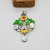 Sterling Silver, Mother of Pearl & Enamel Sunflower Pendant Antique c1920 Deco