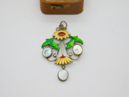 Sterling Silver, Mother of Pearl & Enamel Sunflower Pendant Antique c1920 Deco