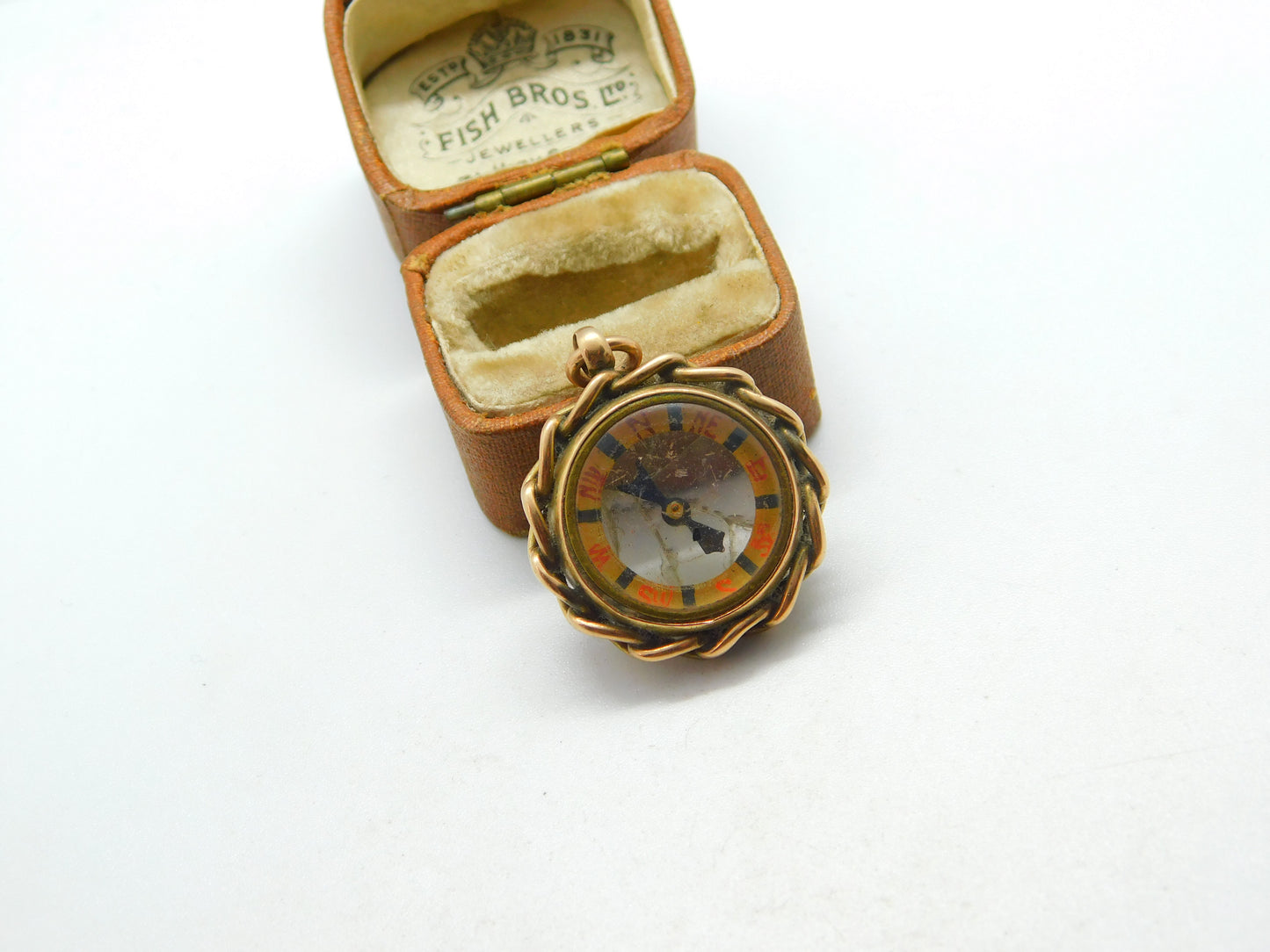 Edwardian 9ct Gold Working Compass Wheel Fob Pendant c1910 Antique AF