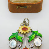 Sterling Silver, Mother of Pearl & Enamel Sunflower Pendant Antique c1920 Deco
