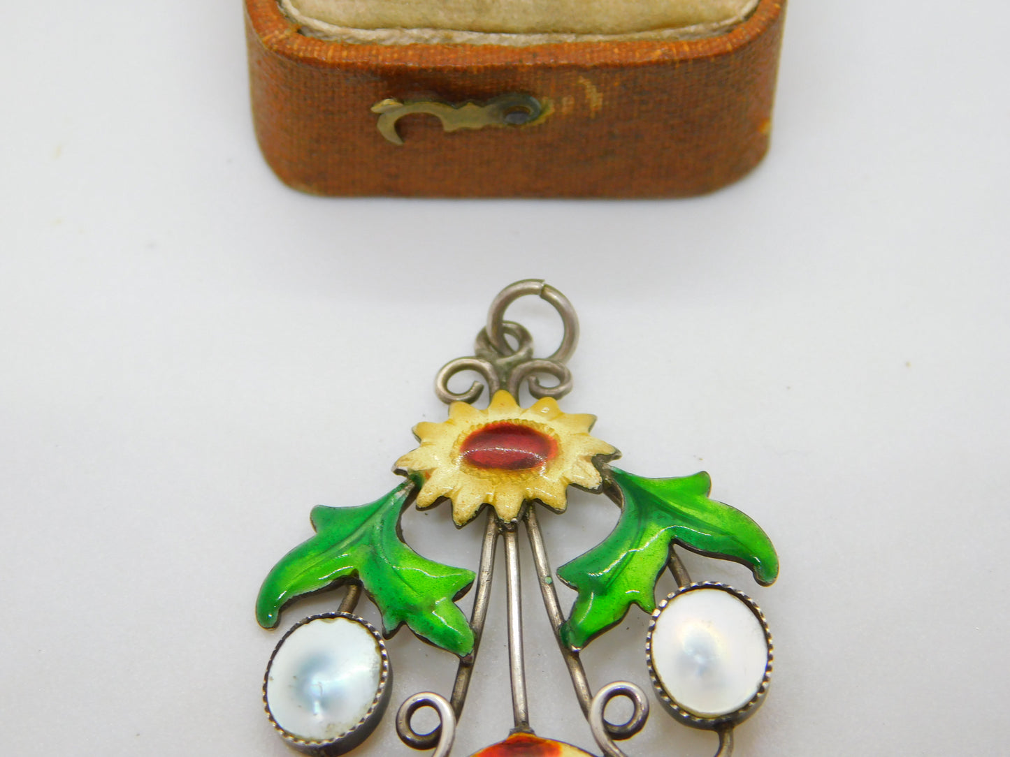 Sterling Silver, Mother of Pearl & Enamel Sunflower Pendant Antique c1920 Deco