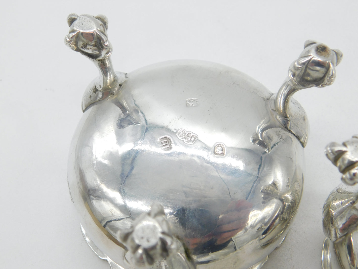 Pair of Georgian Sterling Silver Paw Foot Crested Salt Cellars 1763 London