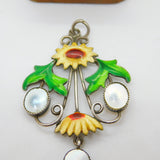 Sterling Silver, Mother of Pearl & Enamel Sunflower Pendant Antique c1920 Deco