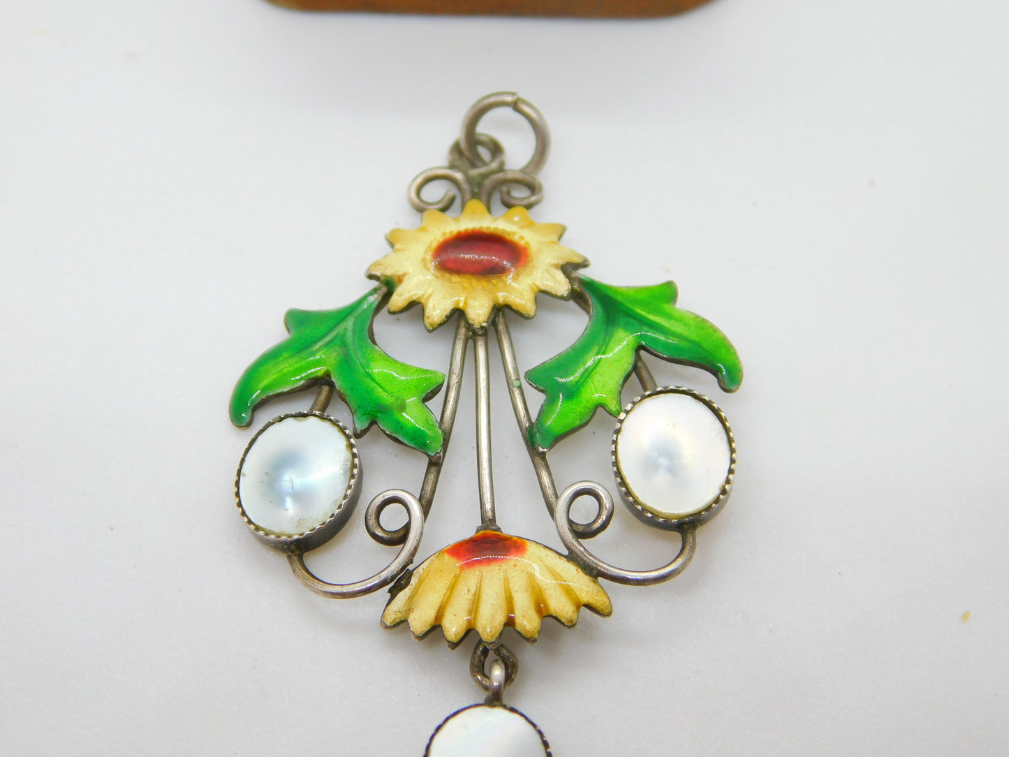 Sterling Silver, Mother of Pearl & Enamel Sunflower Pendant Antique c1920 Deco