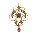 Edwardian 9ct Gold, Almandine Garnet, Seed Pearl Lavalier Pendant Antique c1910