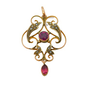Edwardian 9ct Gold, Almandine Garnet, Seed Pearl Lavalier Pendant Antique c1910
