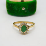 9ct Yellow Gold, Emerald & Spinel Set Floral Cluster Ring Vintage 1973 London