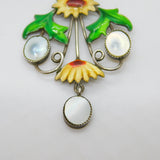Sterling Silver, Mother of Pearl & Enamel Sunflower Pendant Antique c1920 Deco