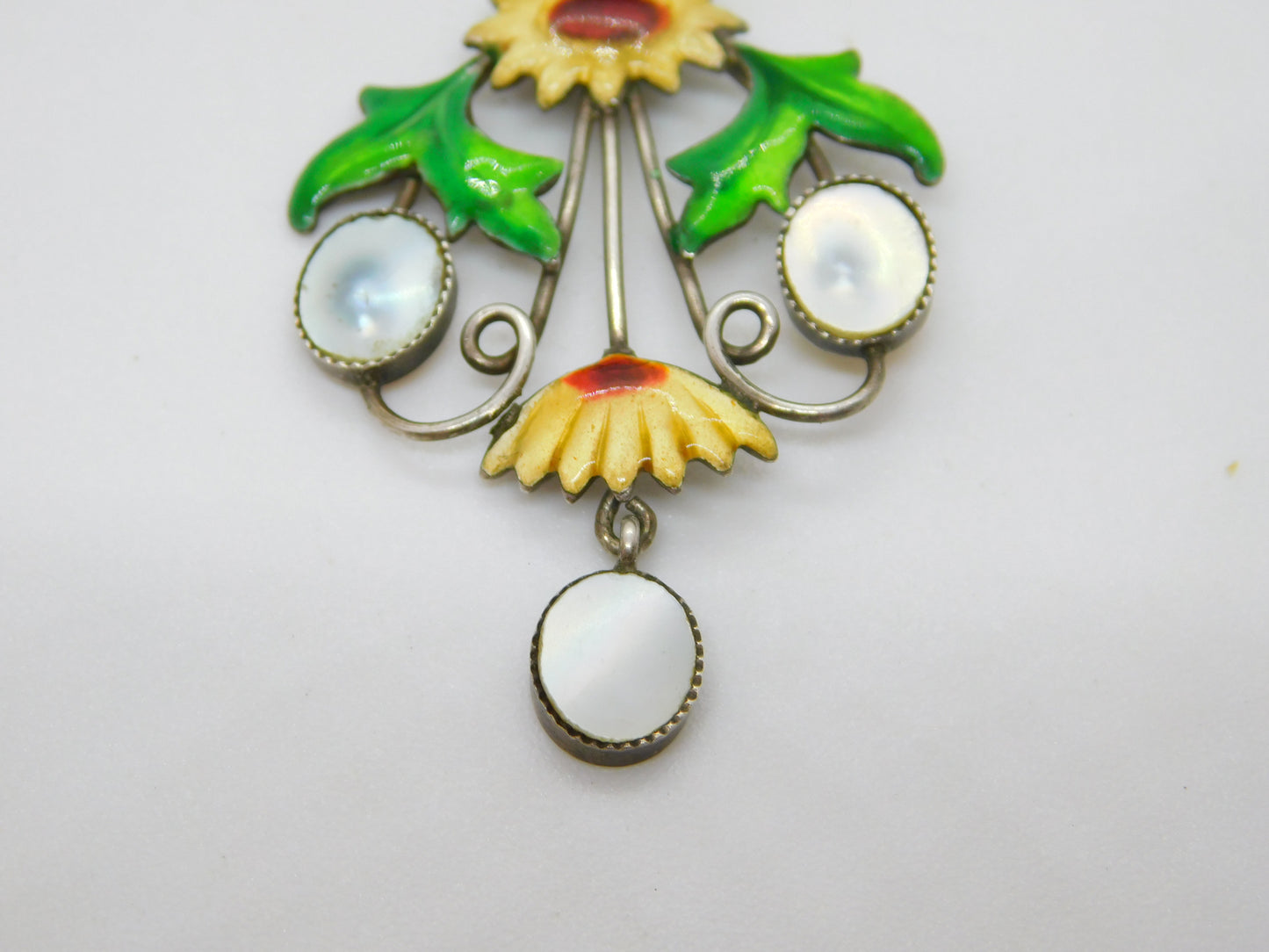 Sterling Silver, Mother of Pearl & Enamel Sunflower Pendant Antique c1920 Deco