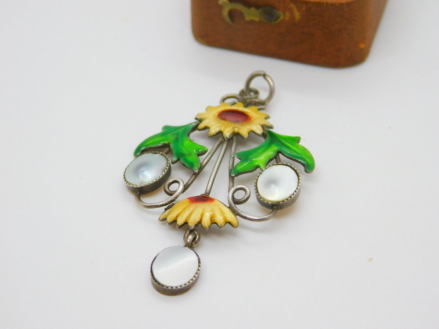 Sterling Silver, Mother of Pearl & Enamel Sunflower Pendant Antique c1920 Deco