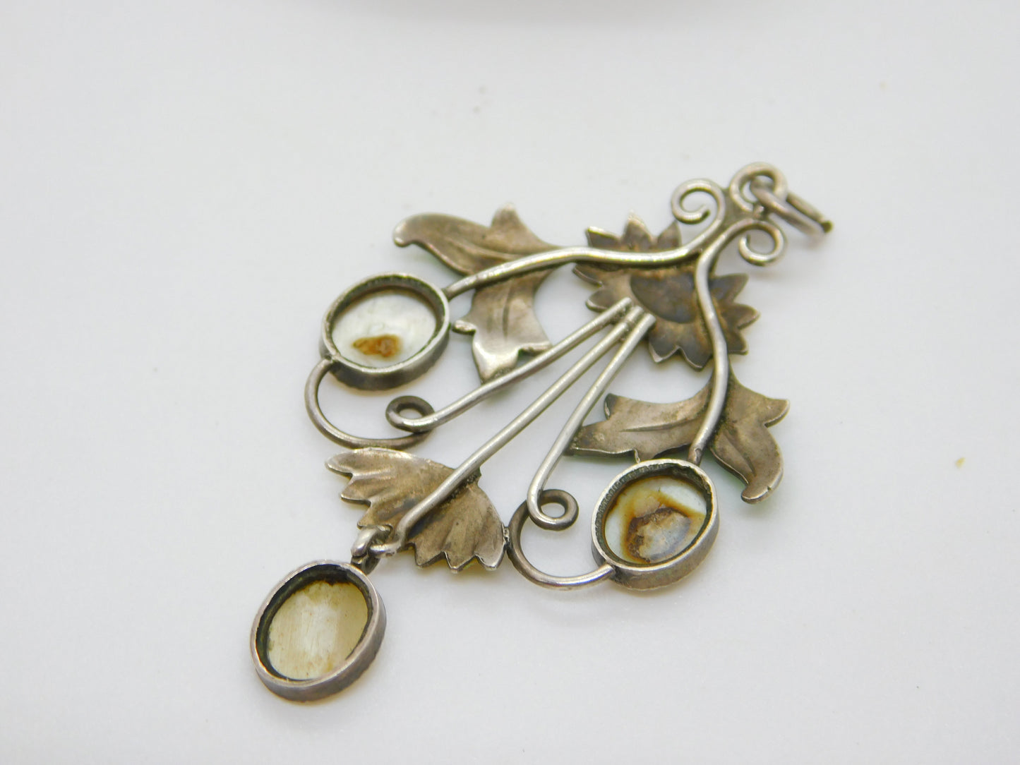 Sterling Silver, Mother of Pearl & Enamel Sunflower Pendant Antique c1920 Deco