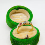 18ct Yellow Gold Seven Stone Ruby, Diamond, Emerald, Sapphire Ring Vintage c1980