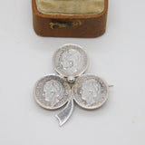 Dutch .640 Silver Queen Wilhelmina Coin Lucky Shamrock Brooch Antique 1941