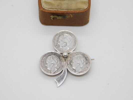 Dutch .640 Silver Queen Wilhelmina Coin Lucky Shamrock Brooch Antique 1941