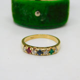 18ct Yellow Gold Seven Stone Ruby, Diamond, Emerald, Sapphire Ring Vintage c1980