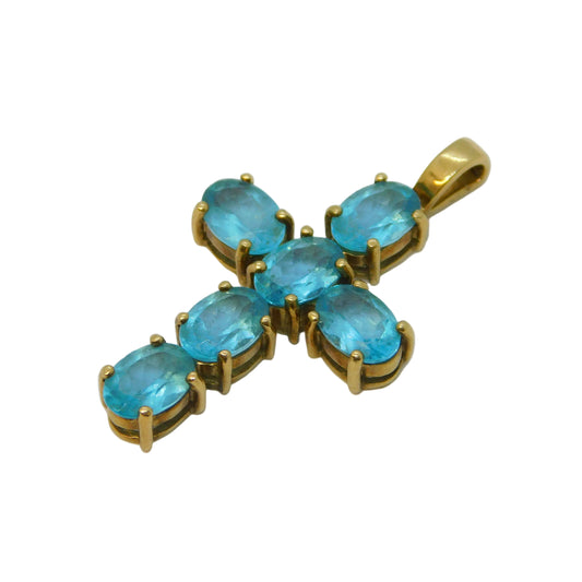 9ct Yellow Gold Blue Topaz Set Cross Pendant Vintage 2007 Birmingham