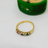 18ct Yellow Gold Seven Stone Ruby, Diamond, Emerald, Sapphire Ring Vintage c1980